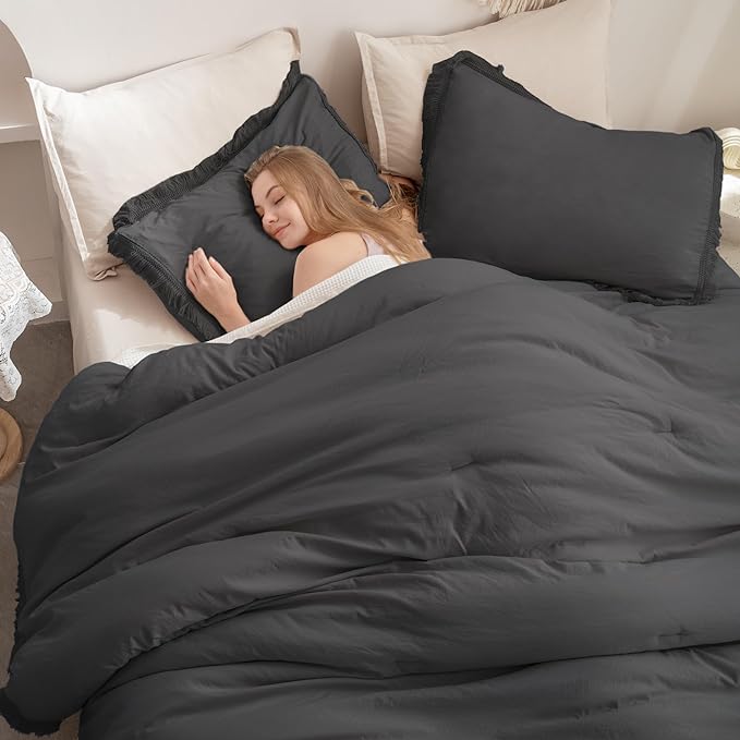 Andency Comforter King Size Bed Set Dark Grey, 3 Pieces Boho Lightweight Winter Bedding Comforters & Sets, All Season Soft Tassel Bed Set (104x90In Comforter & 2 Pillowcases) - LeafyLoom