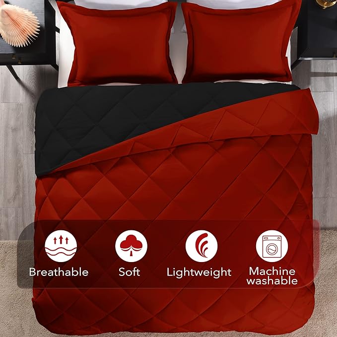downluxe King Size Comforter Set - Red and Black King Comforter, Soft Bedding Sets for All Seasons - 3 Pieces - 1 Comforter (104"x92") and 2 Pillow Shams(20"x36") - LeafyLoom