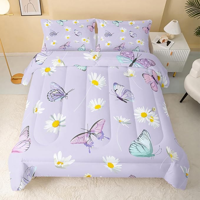 Butterfly Comforter Set for Kids Teens Girls Women,Daisy Kids Comforter,1 Comforter with 2 Pillowcase, Microfiber 3 Piece Bedding Set,for All Seasons(Purple，Twin Size) - LeafyLoom