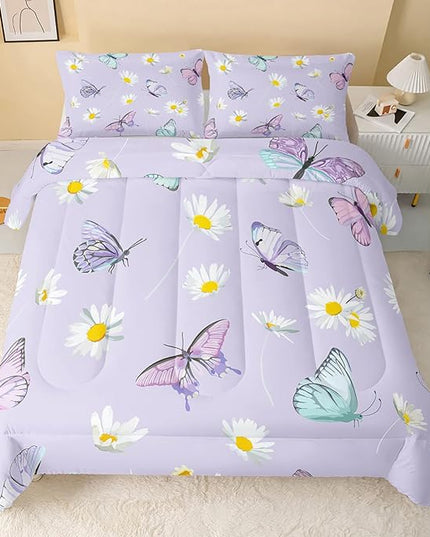 Butterfly Comforter Set for Kids Teens Girls Women,Daisy Kids Comforter,1 Comforter with 2 Pillowcase, Microfiber 3 Piece Bedding Set,for All Seasons(Purple，Full Size) - LeafyLoom