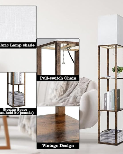 Floor Lamp with Shelves, Modern Standing Shelf Lamp with 3 CCT LED Bulb and White Shade for Living Room Bedroom and Office Deco-Brown - LeafyLoom