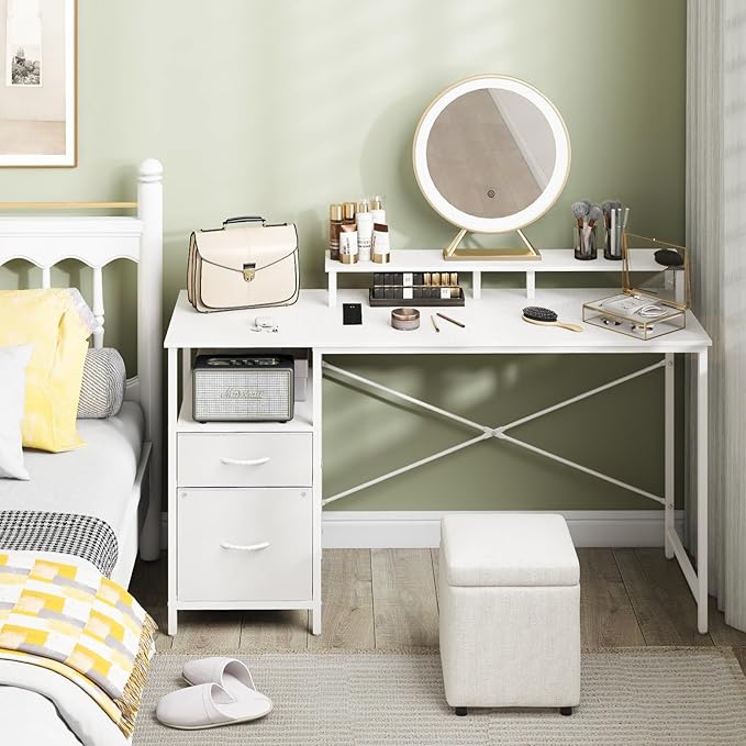 Yoobure Computer Desk, Office Desk with LED Lights & Power Outlets, Gaming Desk with Fabric File Cabinet, 55.1" Home Office Desks, Writing Desk with Drawers, Computer Table with Long Monitor Stand - LeafyLoom