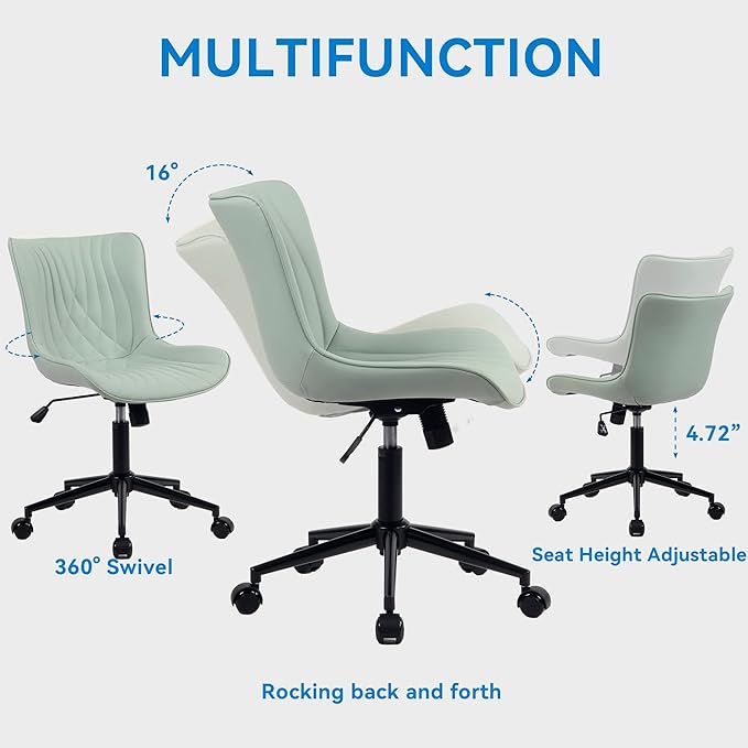 YOUNIKE Office Chair, Armless Desk Chair with Wheels, Home Office Computer Task Chairs, Modern Faux Leather Padded Vanity Chair, Adjustable Swivel Rolling Office Chair with Back, Mint Green - LeafyLoom