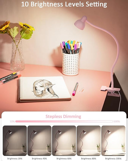 Pink Small Desk Lamp Clip on Reading Light for Bed 3 Colors 10 Brightness Dimmable Flexible Gooseneck Clip on Light for Bed Headboard College Dorm Room - LeafyLoom