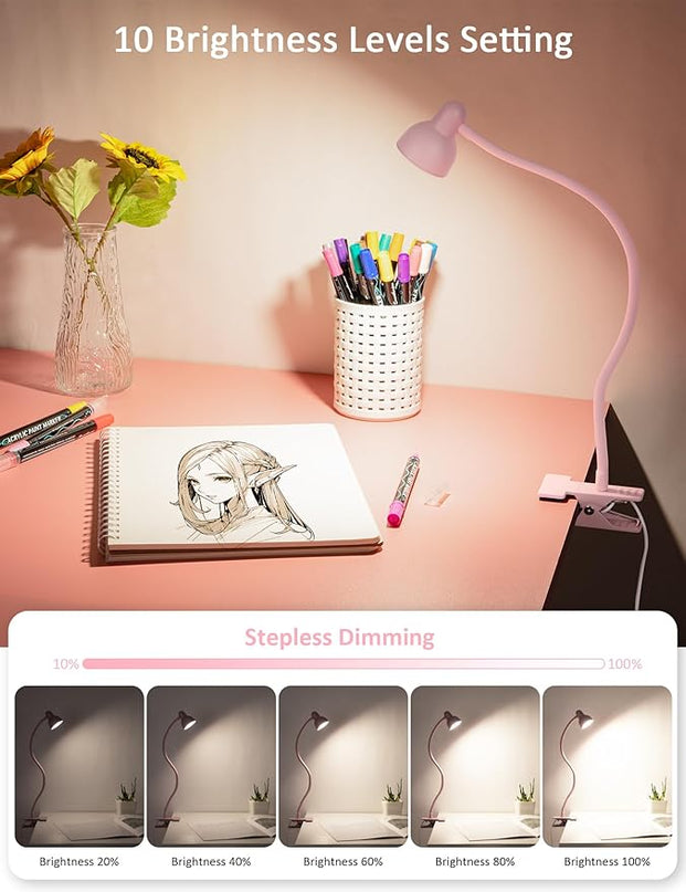 Pink Small Desk Lamp Clip on Reading Light for Bed 3 Colors 10 Brightness Dimmable Flexible Gooseneck Clip on Light for Bed Headboard College Dorm Room - LeafyLoom