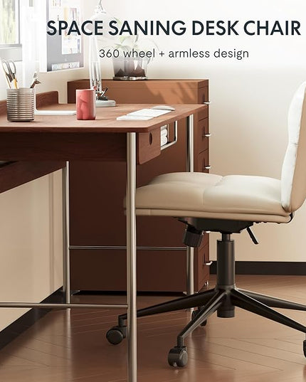 FLEXISPOT Cross Legged Office Chair Armless Desk Chair Comfy Wide Seat Criss Cross Chair with Wheels Vanity Chair for Living Room Bedroom Study Room(White Light Beige) - LeafyLoom