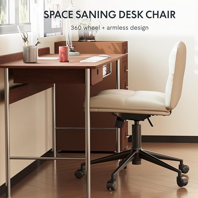 FLEXISPOT Cross Legged Office Chair Armless Desk Chair Comfy Wide Seat Criss Cross Chair with Wheels Vanity Chair for Living Room Bedroom Study Room(White Light Beige) - LeafyLoom