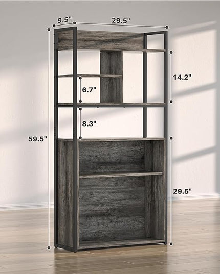 armocity Industrial Bookshelf, 6 Tier Tall Bookshelves Wood Metal Frame Standing Bookcase, Display Book Shelf with Adjustable Storage Shelves for Home Office, Living Room, Bed Room, Grey Oak - LeafyLoom