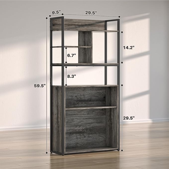 armocity Industrial Bookshelf, 6 Tier Tall Bookshelves Wood Metal Frame Standing Bookcase, Display Book Shelf with Adjustable Storage Shelves for Home Office, Living Room, Bed Room, Grey Oak - LeafyLoom