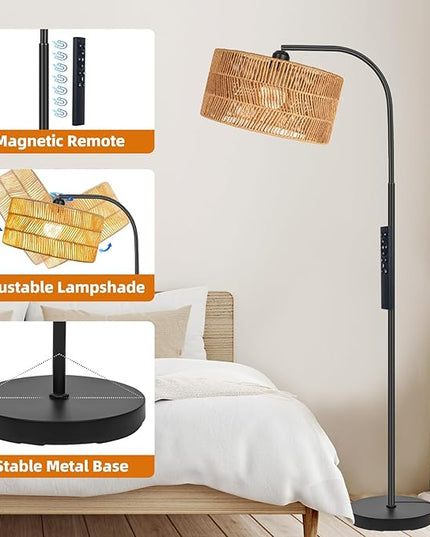 Rattan Floor Lamp- Boho Floor Lamp for Living Room, Rattan Standing Lamps with Dimmable Bulb, Adjustable Rattan Lamp Shades Bohemian Over Couch Lamps for Bedroom, Office - LeafyLoom