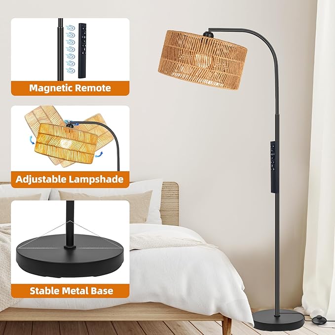 Rattan Floor Lamp- Boho Floor Lamp for Living Room, Rattan Standing Lamps with Dimmable Bulb, Adjustable Rattan Lamp Shades Bohemian Over Couch Lamps for Bedroom, Office - LeafyLoom
