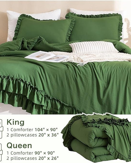 Olive Green Comforter Set Queen,Farmhouse Bedding Queen Size Comforter Set with Ruffle,Shabby Boho Chic French Country Dark Green Bedding Sets 3 Pieces - LeafyLoom