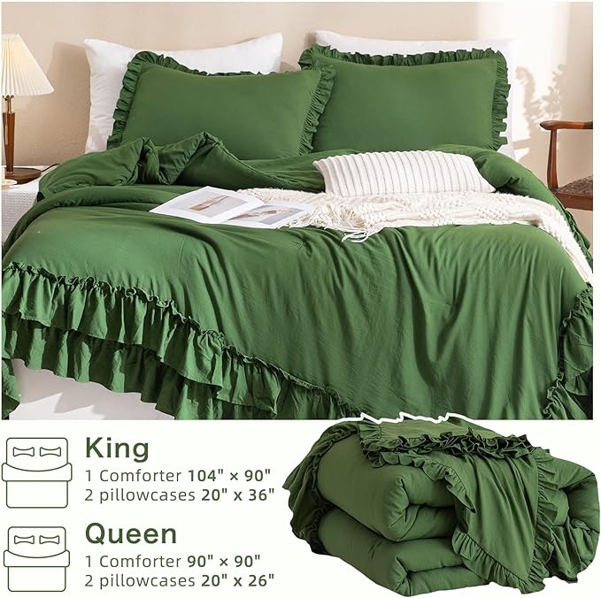 Olive Green Ruffled Comforter King Size,Farmhouse Shabby Boho Chic King Bed Comforter Vintage Rustic Bedding Ultra Soft 3PCS (1 Ruffle Comforter and 2 Pillowcases) - LeafyLoom