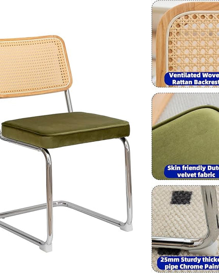 Dining Chairs Set of 2, Velvet Rattan Side Accent Chairs with Chrome Legs, Modern Mid Century Breuer Designed Chairs, Upholstered Dining Living Room Kitchen Chairs (Olive Green-2pcs) - LeafyLoom