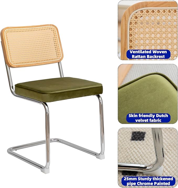Dining Chairs Set of 2, Velvet Rattan Side Accent Chairs with Chrome Legs, Modern Mid Century Breuer Designed Chairs, Upholstered Dining Living Room Kitchen Chairs (Olive Green-2pcs) - LeafyLoom
