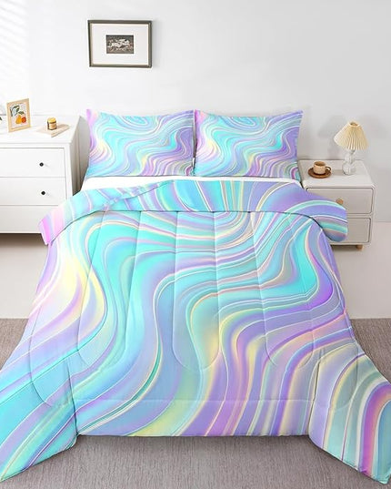 Pastel Rainbow Comforter Set with Pillowcases Abstract Wave Stripes 3D Printed Designs 3 Piece Bedroom Duvet Set Psychedelic Girl Bed Down Comforter for Kids Women Dorm Room (Queen,Coulourful Marble) - LeafyLoom