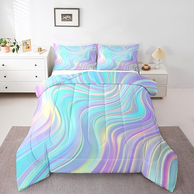 Pastel Rainbow Comforter Set with Pillowcases Abstract Wave Stripes 3D Printed Designs 3 Piece Bedroom Duvet Set Psychedelic Girl Bed Down Comforter for Kids Women Dorm Room (Queen,Coulourful Marble) - LeafyLoom