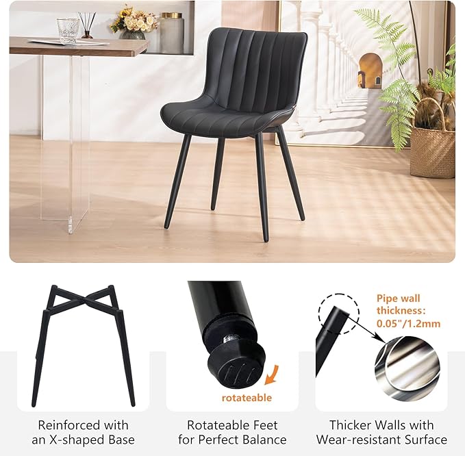 YOUNUOKE Black Dining Chairs Set of 2 Upholstered Mid Century Modern Kitchen Chair Armless Faux Leather Accent Dinning Side Chairs with Back and Metal Legs for Guest Waiting Reception Living Room - LeafyLoom