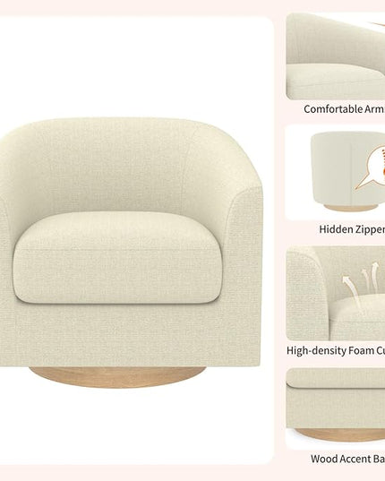 MUUEGM Accent Chair with Arms, 360 Degree Swivel Accent Chair with Wood Base, Modern Barrel Chair for Living Room, Bedroom, Waiting Room, Fully Assembled,Performance Fabric in Gesso White - LeafyLoom