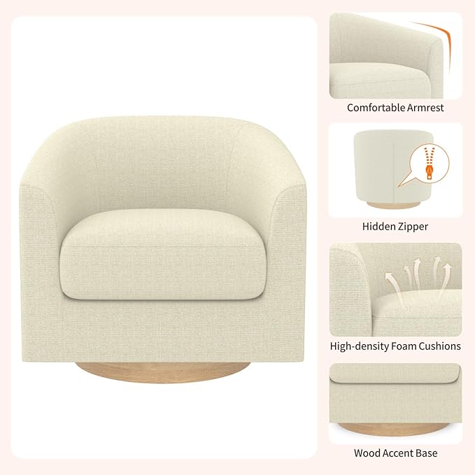 MUUEGM Accent Chair with Arms, 360 Degree Swivel Accent Chair with Wood Base, Modern Barrel Chair for Living Room, Bedroom, Waiting Room, Fully Assembled,Performance Fabric in Gesso White - LeafyLoom