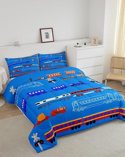 Erosebridal Train Twin Comforter Set for Boys,Cartoon Car Bedding Set for Kids Boys Girls Toddler,Vintage Car Down Comforter,Retro Steam Railway Rail Traffic Light Duvet Set Bedroom Decor,Blue 2Pcs - LeafyLoom