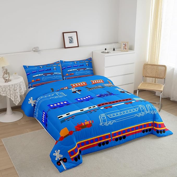 Erosebridal Train Queen Comforter Set for Boys,Cartoon Car Bedding Set for Kids Boys Girls Toddler,Vintage Car Down Comforter,Retro Steam Railway Rail Traffic Light Duvet Set Bedroom Decor,Blue 3Pcs - LeafyLoom