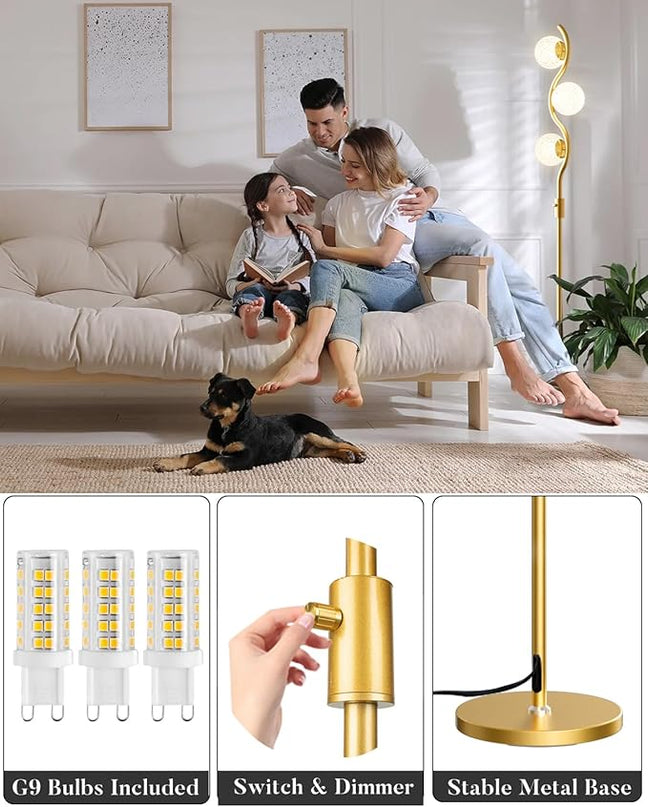 Lightdot Dimmable Brass Crystal Floor Lamp, Gold Standing Lamps for Living Room, 3PCS 3000K G9 Bulbs Included, Mid Century Modern Globe Floor Lamp for Bedroom Home Decor - LeafyLoom