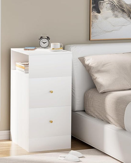 White Nightstand with Two Drawers,Chest of Drawers for Bedroom with Side Opening Storage Rack,3 Tiers Modern Night Table for Bedroom Storage Furniture (Right Angle) - LeafyLoom