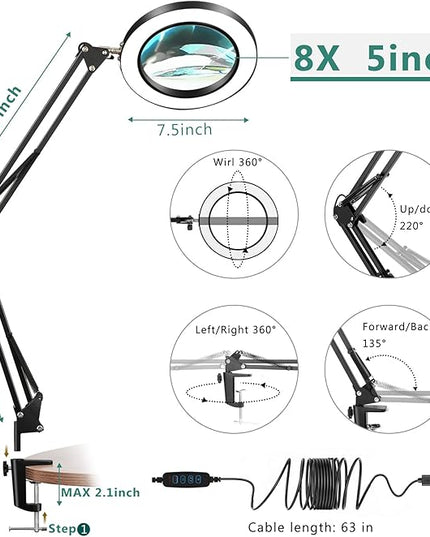 8X Magnifying Glass with Light, 5 Inches Real Glass Lens LED Desk Lamp with Clamp, 3 Color Modes Stepless Dimmable Lighted Magnifier with Light and Stand for Reading Crafts Repair Close Works - Black - LeafyLoom