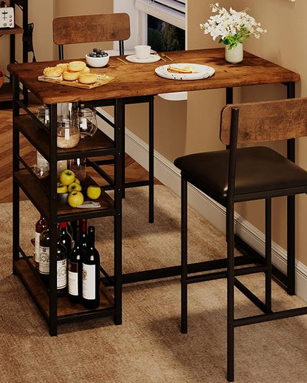 GAOMON Dining Table Set for 2, Kitchen Table and Chairs for 2 with Upholstered Chairs, 3 Piece Counter Height Bar Kitchen Table Set with 3 Storage Shelves for Small Space, Apartment, Rustic Brown - LeafyLoom