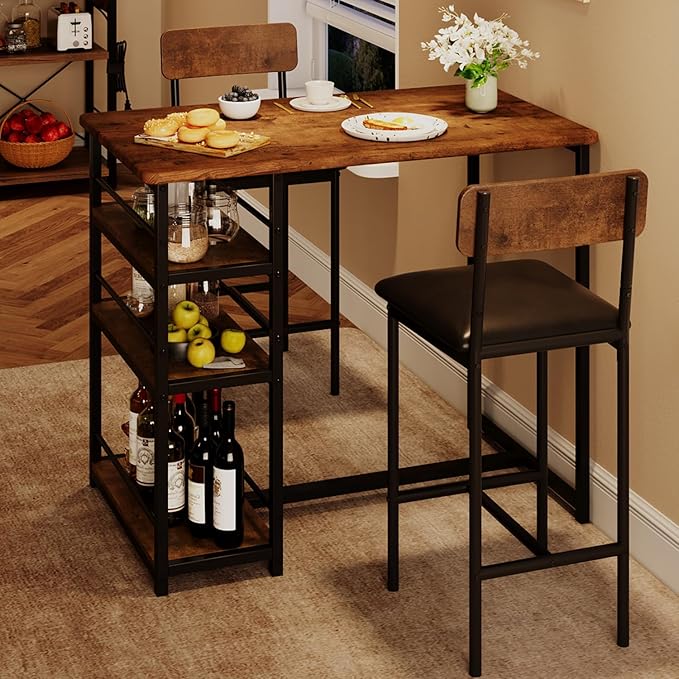 GAOMON Dining Table Set for 2, Kitchen Table and Chairs for 2 with Upholstered Chairs, 3 Piece Counter Height Bar Kitchen Table Set with 3 Storage Shelves for Small Space, Apartment, Rustic Brown - LeafyLoom