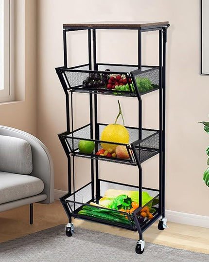 Slim Rolling Storage Cart,4 Tier Kitchen Storage Cart on Wheels,Small Metal Rolling Cart with Wooden Tabletop for Narrow Space in Kitchen,Bathroom,Laundry/Dining/Living Room,Office - LeafyLoom