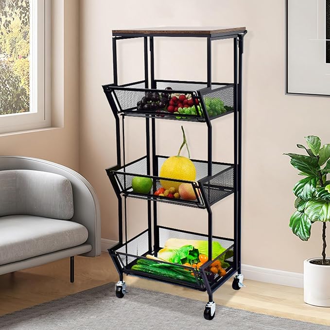 Slim Rolling Storage Cart,4 Tier Kitchen Storage Cart on Wheels,Small Metal Rolling Cart with Wooden Tabletop for Narrow Space in Kitchen,Bathroom,Laundry/Dining/Living Room,Office - LeafyLoom