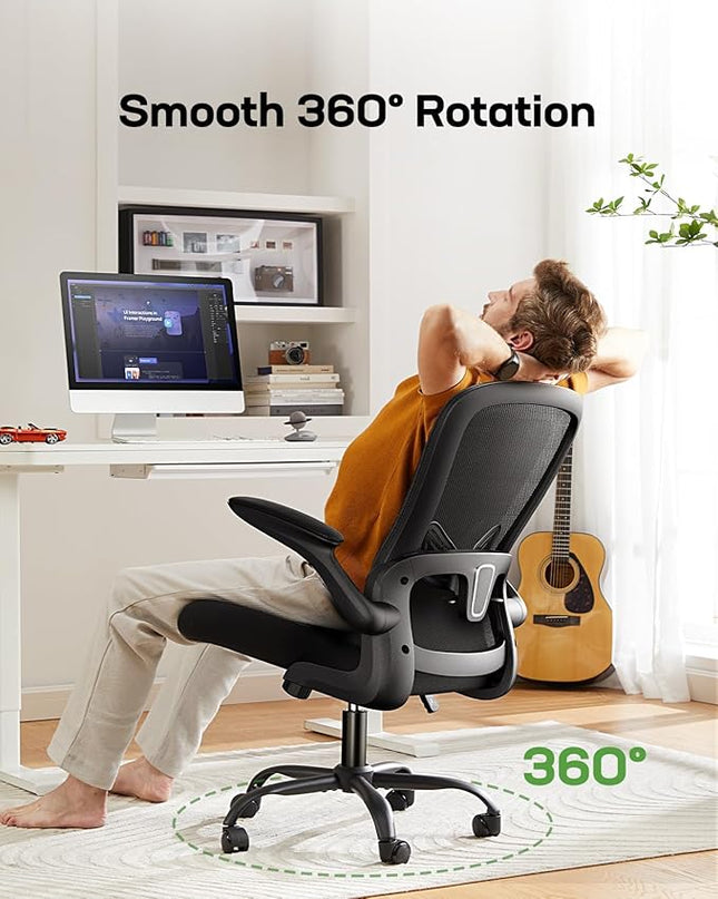 Marsail Office Chair Ergonomic-Desk Chair: Mesh Back Home Office Chair with Adjustable Lumbar Support, Computer Desk Chair with Flip-up Armrests Swivel Home Office Task Chair(Bright Black) - LeafyLoom
