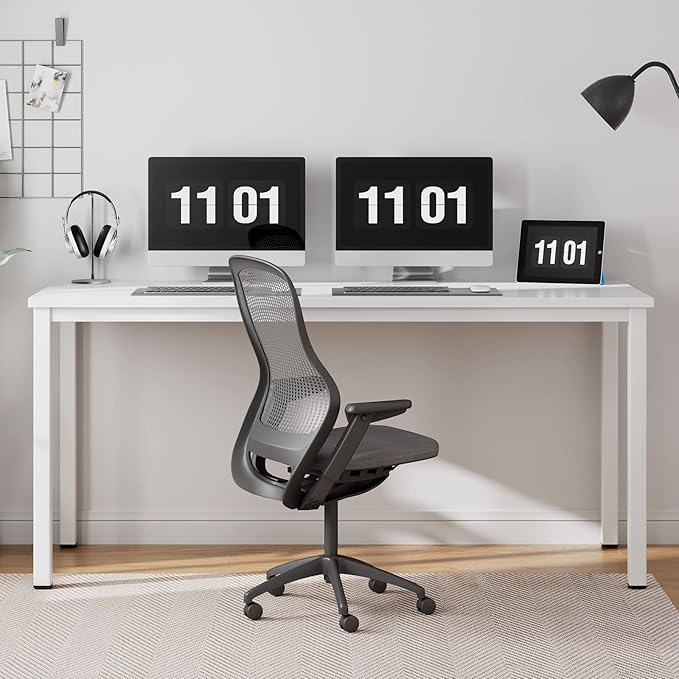 Need 63 Inch Large Computer Desk - Modern Simple Style Home Office Gaming Desk, Basic Writing Table for Study Student, White Metal Frame, White - LeafyLoom