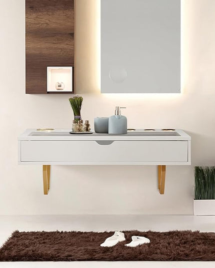 ALIMORDEN Floating Shelf with Drawer,Floating Drawer for Bathroom, White Wall Mounted Desk,Pull Out Drawer, 31 inch Surface, Floating Wall Desk, Hanging Desk, White - LeafyLoom