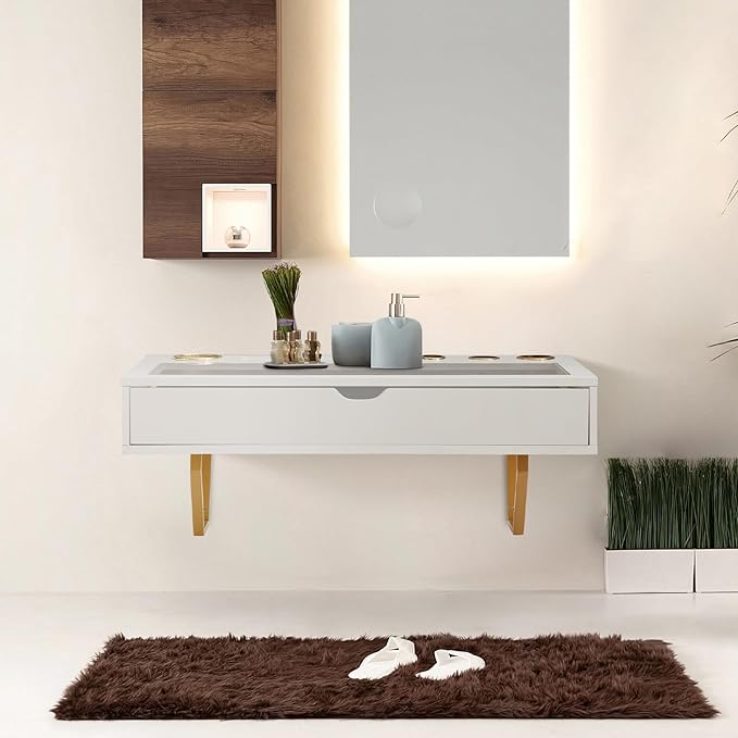 ALIMORDEN Floating Shelf with Drawer,Floating Drawer for Bathroom, White Wall Mounted Desk,Pull Out Drawer, 31 inch Surface, Floating Wall Desk, Hanging Desk, White - LeafyLoom