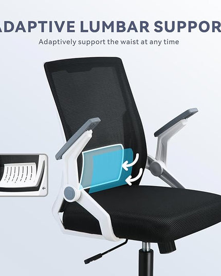 COMHOMA Office Chair with Flip-up Armrests Ergonomic Computer Desk Chair Foldable Mesh Task Chair with Wheels Adaptive Lumbar Support Swivel Tilt Comfortable Study Chair for Student, White - LeafyLoom