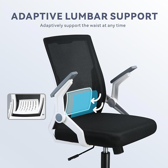 COMHOMA Office Chair with Flip-up Armrests Ergonomic Computer Desk Chair Foldable Mesh Task Chair with Wheels Adaptive Lumbar Support Swivel Tilt Comfortable Study Chair for Student, White - LeafyLoom