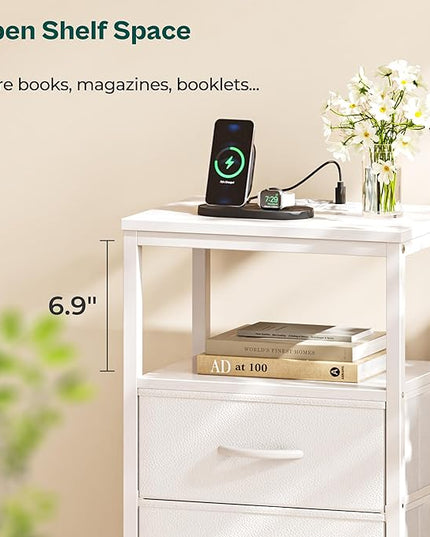 Nightstands Set of 2, End Tables with Charging Station, Side Tables with Fabric Drawers, Bedside Tables with USB Ports and Outlets, Night Stands for Bedroom, White - LeafyLoom