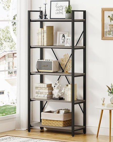 BON AUGURE Industrial Bookshelf, Etagere Bookcases and Book Shelves 5 Tier, Rustic Wood and Metal Shelving Unit (Dark Gray Oak) - LeafyLoom