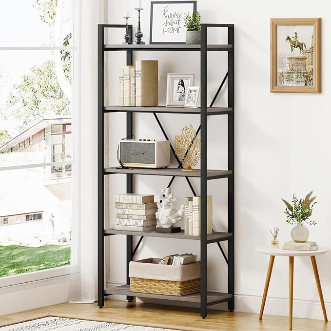 BON AUGURE Industrial Bookshelf, Etagere Bookcases and Book Shelves 5 Tier, Rustic Wood and Metal Shelving Unit (Dark Gray Oak) - LeafyLoom