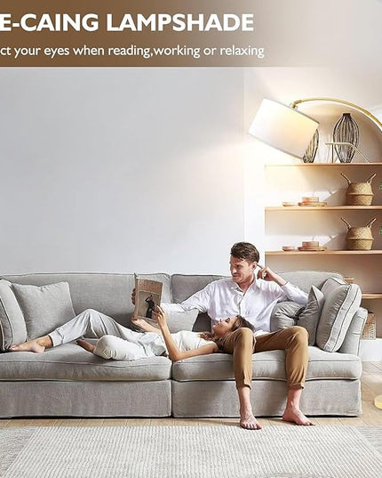 Arc Floor Lamps for Living Room, Modern Standing Lamp Gold Tall Lamp with White Drum Shade, Over Couch Arched Reading Light for Bedroom, Office - LeafyLoom