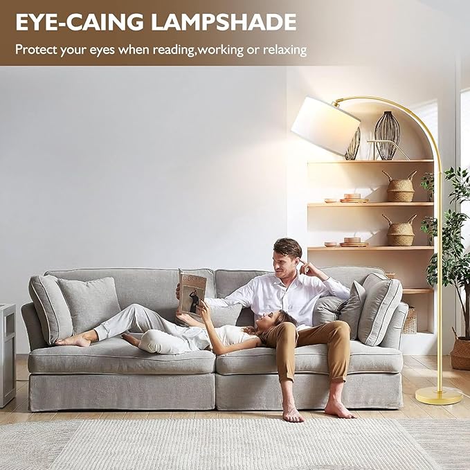 Arc Floor Lamps for Living Room, Modern Standing Lamp Gold Tall Lamp with White Drum Shade, Over Couch Arched Reading Light for Bedroom, Office - LeafyLoom