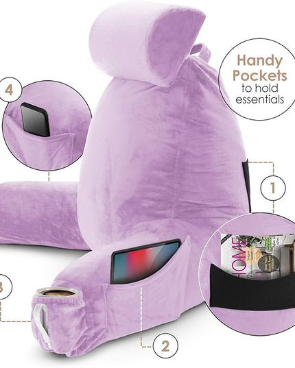 Nestl Reading Pillow with Portable Laptop Lap Desk, Velvet Feel Back Pillow for Sitting in Bed, Shredded Memory Foam Back Support Pillow for Bed, Bed Rest Pillow with Arms, Large - Lavender - LeafyLoom