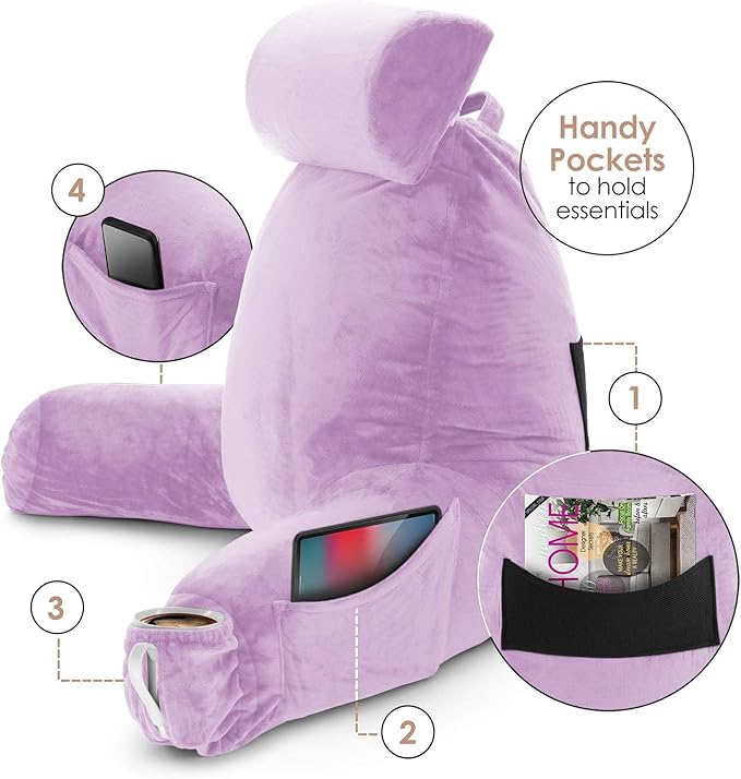 Nestl Reading Pillow with Portable Laptop Lap Desk, Velvet Feel Back Pillow for Sitting in Bed, Shredded Memory Foam Back Support Pillow for Bed, Bed Rest Pillow with Arms, Large - Lavender - LeafyLoom