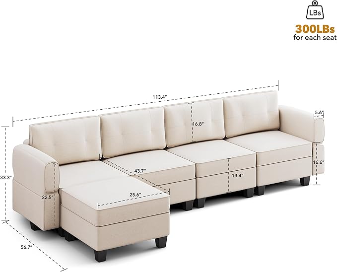 Modular Sectional Sofa, Convertible Sectional Couches for Living Room L Shaped Sectional Sofa Couch with Storage Ottoman, High Supportive 6 Seats Reversible Sectionals 113'' with Chaise, Beige - LeafyLoom