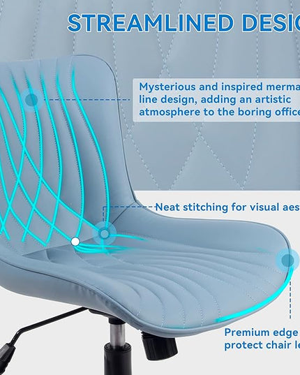 YOUNIKE Office Chair, Armless Desk Chair with Wheels, Aesthetic Home Office Computer Task Chairs, Modern Faux Leather Upholstered Vanity Chair, Adjustable Swivel Rocking Chair with Back, Blue - LeafyLoom