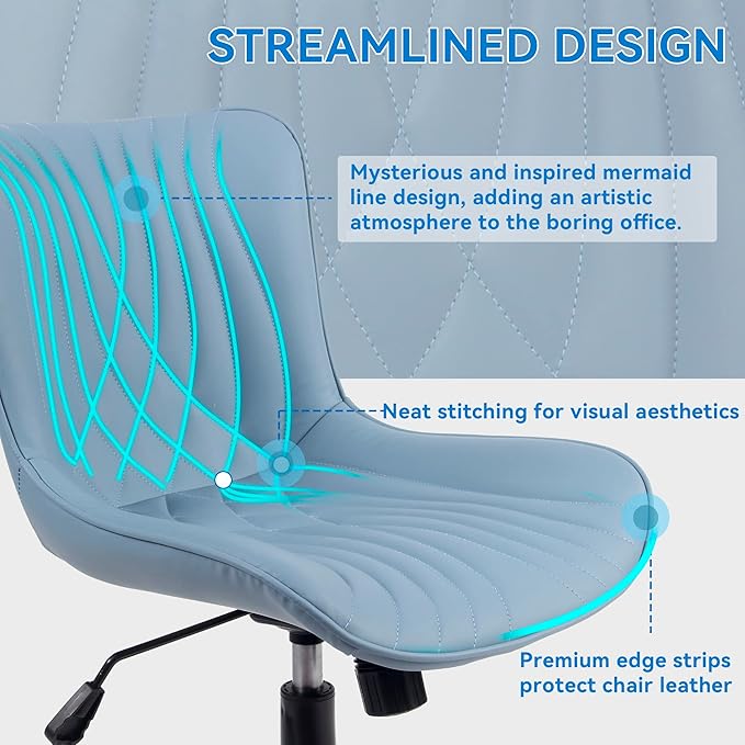 YOUNIKE Office Chair, Armless Desk Chair with Wheels, Aesthetic Home Office Computer Task Chairs, Modern Faux Leather Upholstered Vanity Chair, Adjustable Swivel Rocking Chair with Back, Blue - LeafyLoom