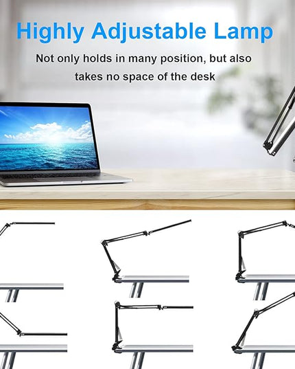 LED Desk Lamp for Home,Office,Reading,Adjustable Eye-Caring Desk Light with Clamp,Swing Arm Lamp Includes 3 Color Modes,10 Brightness Levels Table Lamps with Memory Function - LeafyLoom